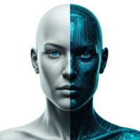 Futuristic Human-AI Hybrid Face, Half-Technology and Half-Human with Blue Eyes, Symbolizing Artificial Intelligence and Advanced Cybernetics png