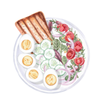 Plate with vegetarian breakfast - toast, cucumbers, tomatoes, boiled eggs, greens. Isolated watercolor illustration on the theme of food for the design of a cookbook, restaurant menu,. png