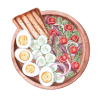Wooden plate with vegetarian breakfast - toast, cucumbers, tomatoes, boiled eggs, greens. Isolated watercolor illustration on the theme of food for the design of a cookbook, restaurant menu. png