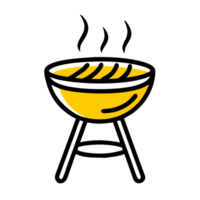 a barbecue grill shows steam rising from the top, the grill is supported by three legs and features a yellow bowl. cutouts png