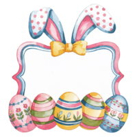 Easter eggs are arranged in front of a decorative frame with bunny ears and a bow. png