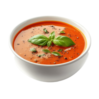 tomato soup in a bowl with basil on a transparent background png
