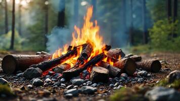 Warm and inviting campfire burning brightly in a tranquil forest setting Perfect for nature documentaries or relaxing background video