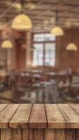 Empty old wood table top and blurred bokeh cafe and coffee shop interior background with vintage filter - can used for display or montage your products. video