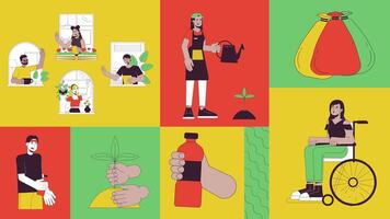 We culture mindset animated bento grid layout. Inclusive people diverse volunteers. Sustainability eco-friendly 2D animation flat cartoon ui collage design. 4K motion graphic collection video