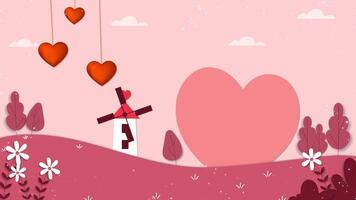 Heart balloon with windmill house pink background animation video