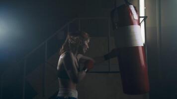 ein jung Athlet mit stark und genau Schläge üben das Fertigkeit von Boxen auf das Stanzen Tasche. Motivation und Entschlossenheit video