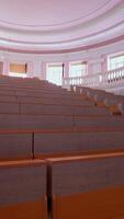 Lecture hall with nobody. Modern educational auditorium in the university. Interior of a large empty classroom during coronavirus pandemic. Vertical video