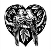 Two colorful birds are sitting on a branch with a pink background with hearts vector