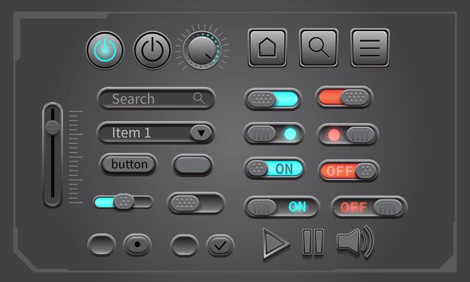 UI button set geometric design grey tone technology control