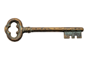 Old vintage key resting on a flat surface highlighting its unique design and historical significance png