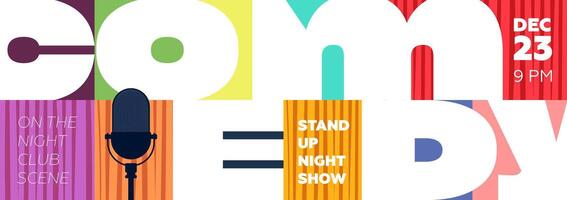 Horizontal comedy banner showcasing an open mic setup with conceptual art, typography and stage red curtain. Ideal for theatrical events, comedy festivals and nightlife promotions. vector