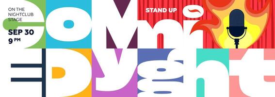 Eye catching stand up comedy night template with abstract visuals, creative typography and entertainment elements. Suitable for open mic contests, festivals and theatrical performances. vector