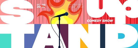 Bold stand up roasting comedy horizontal banner with geometric elements, featuring a microphone, stage and fire. Ideal for promoting open mic nights, comedy shows and entertainment events. vector
