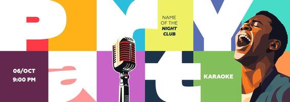 Modern karaoke party poster with brutalist elements showcasing nightlife vibes, colorful lights and vocal performance. Ideal for clubs, events and entertainment promotions with stylish touch. vector