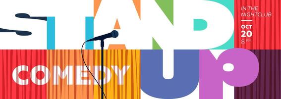 Modern stand up comedy horizontal banner with bold geometric elements featuring microphone and stage curtain. Perfect for promoting live events, open mic nights and entertainment shows. vector