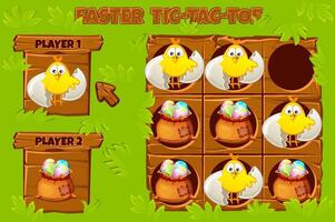 TIC-TAC-TOE game UI. Game playing field with with cute Chick and bag of colored eggs on wooden board. Funny spring holiday Easter. Game Tic Tac Toe in Easter themed vector