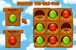 TIC-TAC-TOE game UI. Board game playing field with red and green eggs. Funny spring holiday Easter. Game Tic Tac Toe in Easter themed. vector
