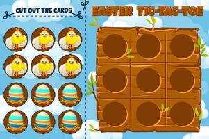 Board game TIC-TAC-TOE. Easter themed with chick and egg cards. board game playing field with cute characters. Spring holiday printable worksheet. Zero and crosses grid vector