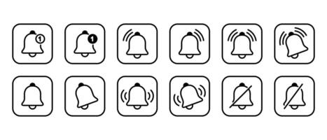Bell outline icon set collection on square line. Notification, alarm reminder sign symbol vector