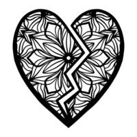 Hand drawn broken heart mandala with leaf pattern ornament vector