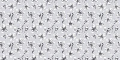 Monochrome pattern with abstract artistic florals. hand drawing. Ditsy tiny flowers and small buds seamless print on a grey background. Designs ornaments for textiles, fabric, cover vector