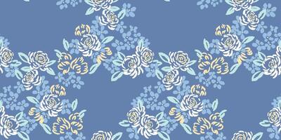 Abstract, artistic shapes rose flowers intertwined in a seamless pattern on a blue background. Blooming floral print. hand drawn sketch. Nature ornament vector