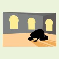 Illustration of a Muslim man praying in front of a mosques in a flat style. prayer room icon. Suitable for use as a sign in the prayer room in a public area or on brochures vector