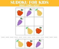 Sudoku for kids. Fruits theme. Game for kids worksheet. Find the right next image. Children riddle entertainment. What comes next activity page. vector