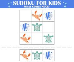 Sudoku for kids. Game for kids worksheet. Ocean animals theme. Find the right next image. Children riddle entertainment. What comes next activity page. vector