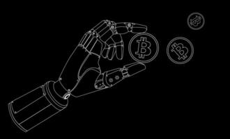 Robotic bionic hand with cryptocurrency coins Line art banner design. Cryptocurrency and blockchain technology concept. AI robot hand holding bitcoin with financial chart. illustration vector