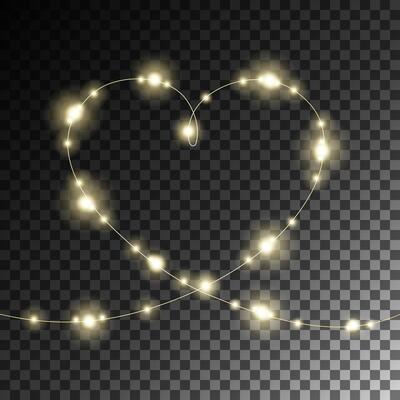 Heart-shaped glowing string lights in a golden tone with a sparkling effect on a transparent background. LED String Lights Forming a Heart Shape.Romantic Glowing Heart Light Design Decoration