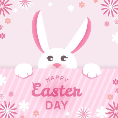 Cute Easter Bunny with Floral Background and Text. Easter greeting card design,cover,web,social media, with a cute white bunny, pink floral elements, and festive typography. illustration