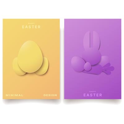 Happy Easter creative templates card, covers, poster designs in pastel yellow and purple featuring abstract bunny and egg shapes set.Minimalist Easter Designs with Bunny and Egg Silhouettes.