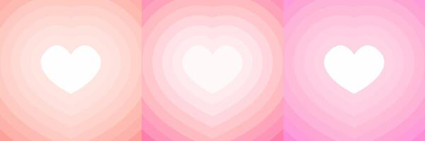Set of three abstract heart designs with white central hearts surrounded by layered gradient shapes in peach, pink, and magenta tones. Valentine-themed backgrounds. Valentines Day and love concept vector
