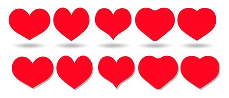 Set of ten red hearts in two rows with shadows and reflections on a white background. Minimalistic Valentine's Day and love-themed illustration vector