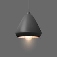 Lighting. Modern black cone-shaped pendant lamp with a glowing light bulb. Contemporary lighting, interior design, warm illumination, home decor, and functional minimalist style for spaces vector