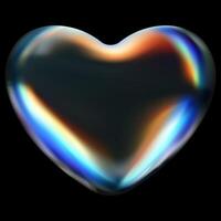 Glossy iridescent heart with a gradient surface reflecting vibrant rainbow tones on a black background. Modern abstract design symbolizing love and mystery vector