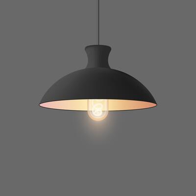Lighting. Hanging black pendant lamp with glowing light bulb, warm ambiance. Interior lighting, modern design, home decor, illumination, and minimalist style for residential or commercial spaces