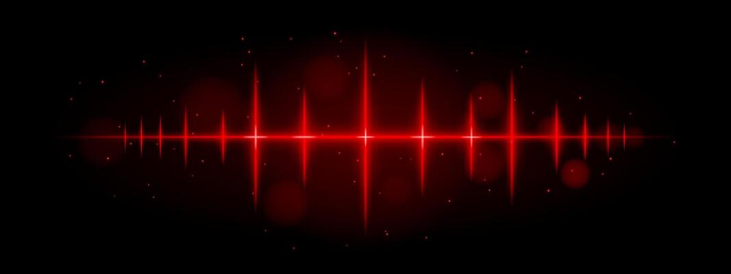 Red pulse wave. Vibrant glowing waveform, sharp spikes, futuristic light design, dynamic energy signal, abstract illumination, modern decor, visual effect, scattered particles