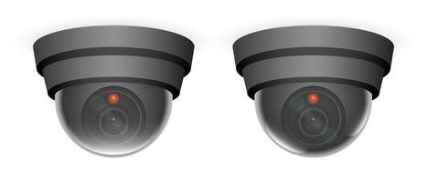 Surveillance. Pair of black dome cameras with red indicator lights. monitoring, security systems, observation, protection, and advanced technology for ensuring safety in public or private spaces vector