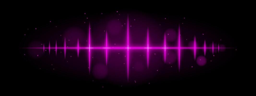 Purple pulse wave. Vibrant glowing waveform, spikes, futuristic light design, dynamic energy signal, abstract illumination, modern decor, visual effect, scattered particles