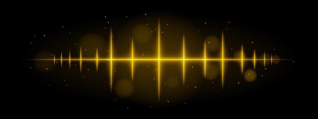 Yellow wave. Vibrant glowing waveform, sharp spikes, futuristic light design, dynamic energy signal, abstract illumination, modern decor, visual effect, scattered particles