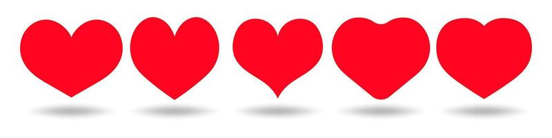 Row of five red hearts with drop shadows on a white background. Minimalistic love and Valentines Day illustration vector