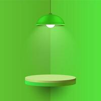 Green pendant lamp illuminating a round floating shelf. Minimalistic interior design with soft shadows and warm light, cozy atmosphere, mockup design with spotlight effect vector