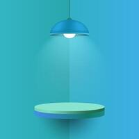 Blue pendant lamp illuminating a round floating shelf. Minimalistic interior design with soft shadows and warm light, cozy atmosphere, mockup design with spotlight effect vector