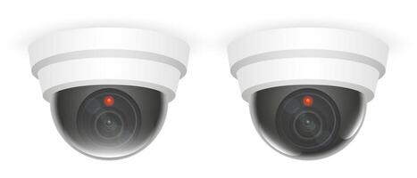 Two dome security cameras with red indicator lights. Digital illustration isolated on white background. Surveillance and monitoring concept for design and print vector