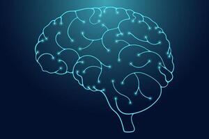 Glowing neon outline of a human brain with neural connections on a dark gradient background. Futuristic illustration for AI, technology, and neuroscience concepts vector