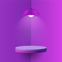 Purple pendant lamp illuminating a round floating shelf. Minimalistic interior design with soft shadows and warm light, cozy atmosphere, mockup design with spotlight effect vector