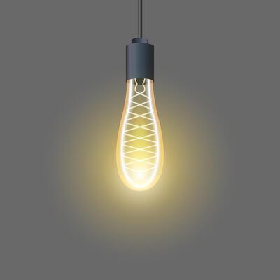 Lighting. Vintage-style Edison bulb with glowing filament, suspended on a cord. Retro design, warm illumination, interior decor, energy, ambiance, and classic lighting elements for modern